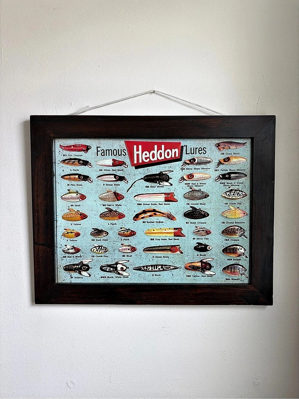 Heddon Famous Lures Framed Metal Sign Fishing Tackle Wall Decor 17.5x13.5